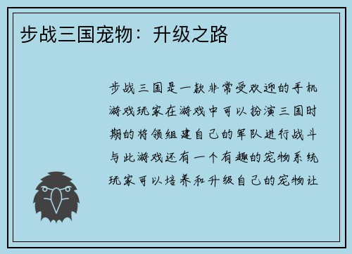 步战三国宠物：升级之路
