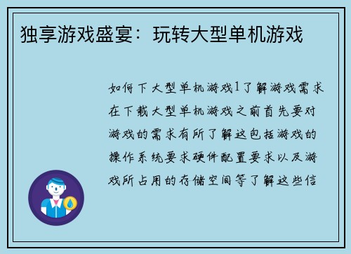 独享游戏盛宴：玩转大型单机游戏