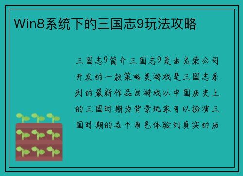 Win8系统下的三国志9玩法攻略