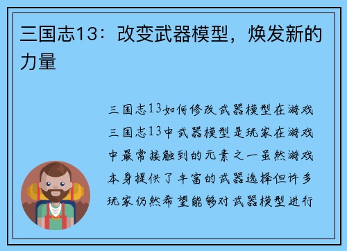三国志13：改变武器模型，焕发新的力量